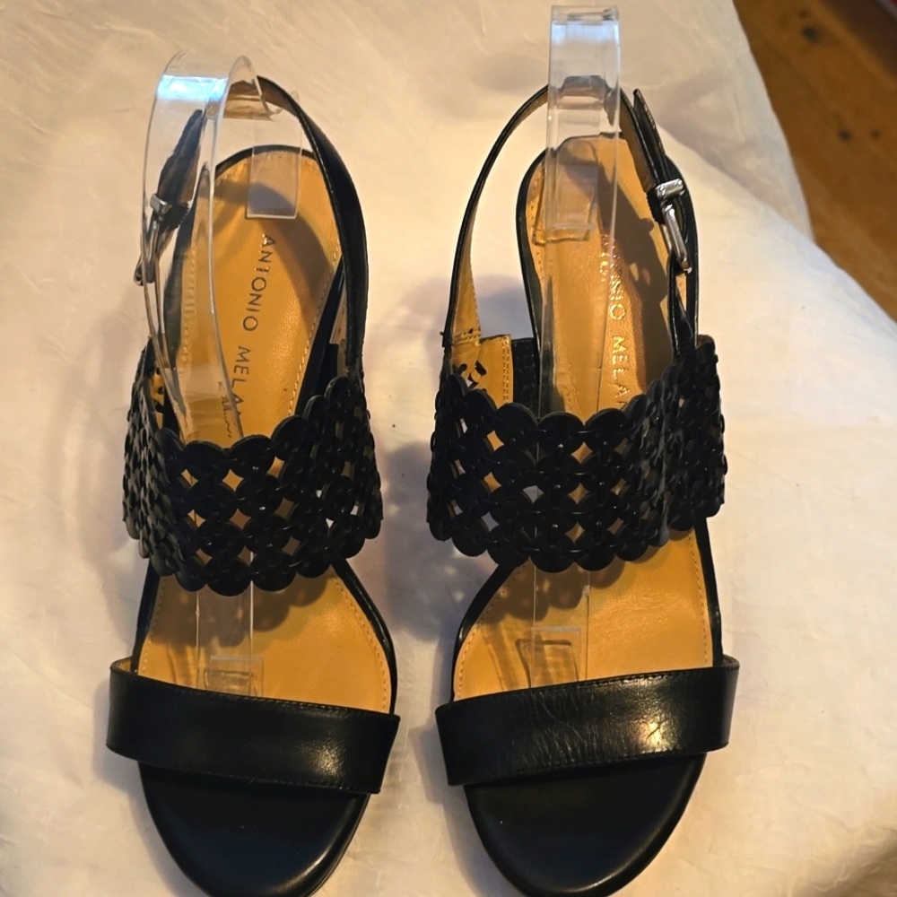 🆕️ Antonio Melani Laser Cut Black Platform Wedge Sandals Size 8